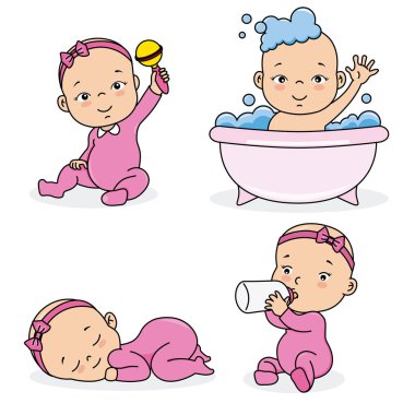 oynarken, yemek, uyku ve banyo bebek kız ayarla. İzole vektör