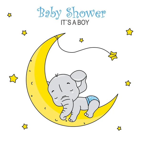 Baby Shower Boy Cute Elephant Sleeping Moon — Stockvector