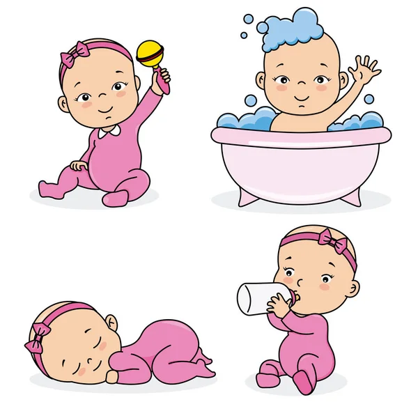 Set Baby Girl Playing Eating Sleeping Bathing Vector Isolated — Stock Vector