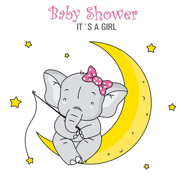 Bebé Ducha Chica Lindo Elefante Estrellas Pesca Sentado Luna — Vector de stock