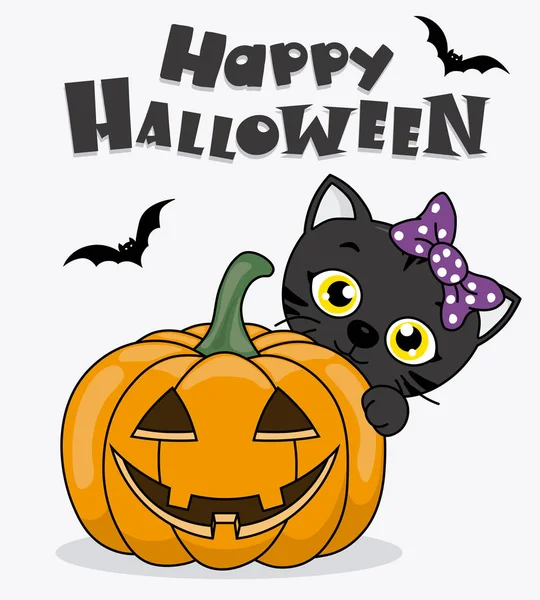 Feliz Tarjeta Halloween Calabaza Con Gato Negro — Vector de stock