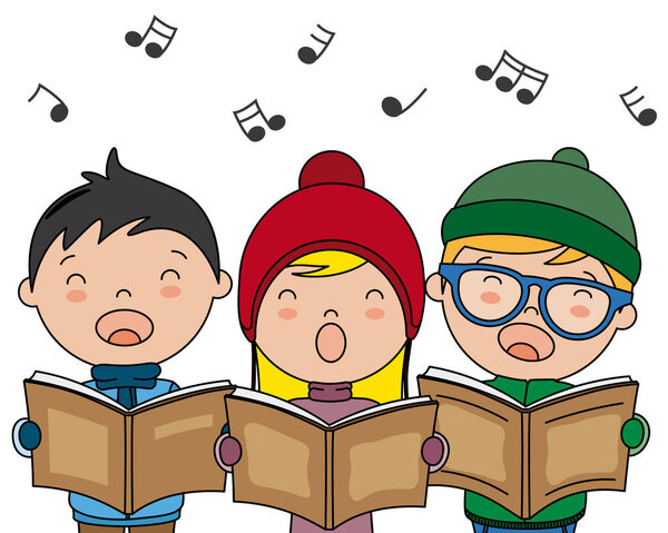 Christmas card. Children with books singing Christmas songs.