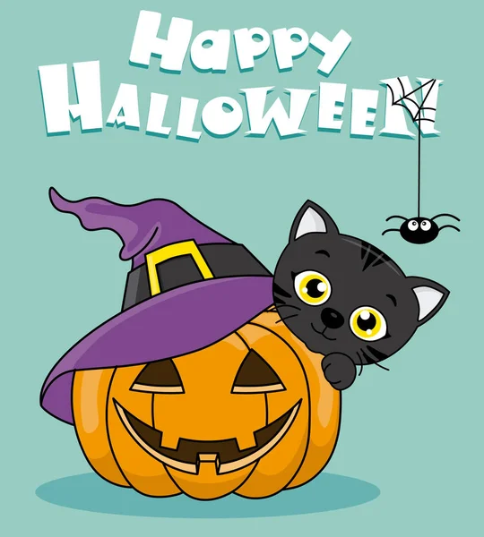 Happy Halloween Kaart Pompoen Met Heks Hoed Zwarte Kat — Stockvector