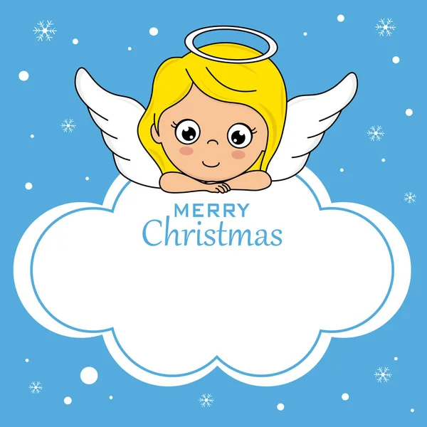 Christmas Card Cute Angel Top Cloud Space Text — Stock Vector