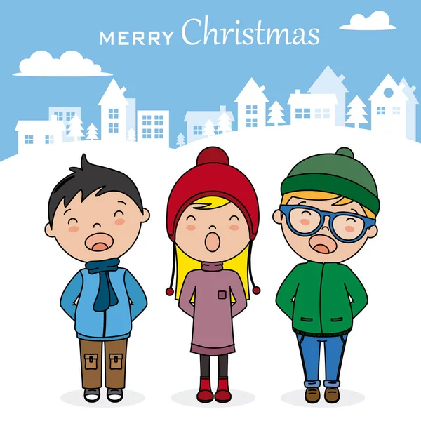 Cartão Natal Crianças Com Livros Cantando Canções Natal —  Vetores de Stock
