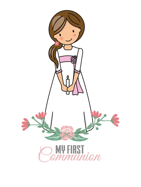 Primera Chica Comunión Niña Bonita Con Vestido Comunión Flores — Vector de stock