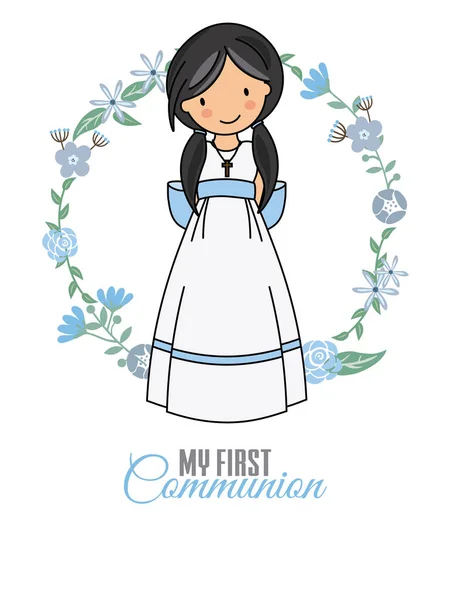 First Communion Girl Beautiful Girl Communion Dress Flower Frame — Stock Vector