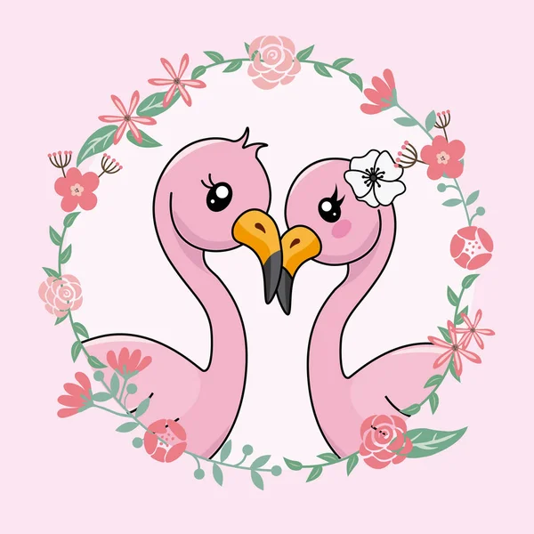 Paar Van Flamingo Liefde Het Frame Van Bloem Valentines Kaart — Stockvector