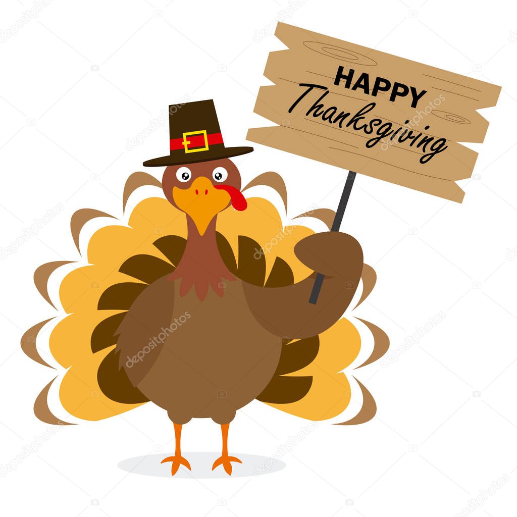 Thanksgiving day card. Turkey with hat and with poster