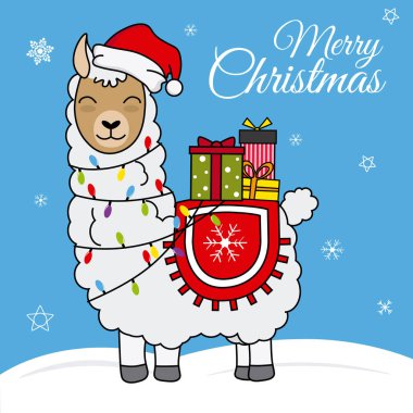 Lama santa claus şapka ve sırtında hediyeler ile