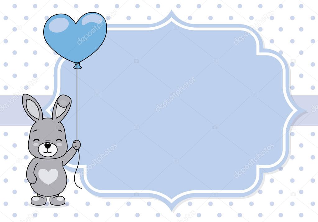 baby boy shower card. cute rabbit with balloon. space for text