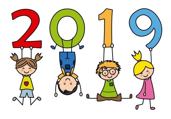 幸せな新しい年 2019 数字で遊んでいる子供たち — ストックベクタ
