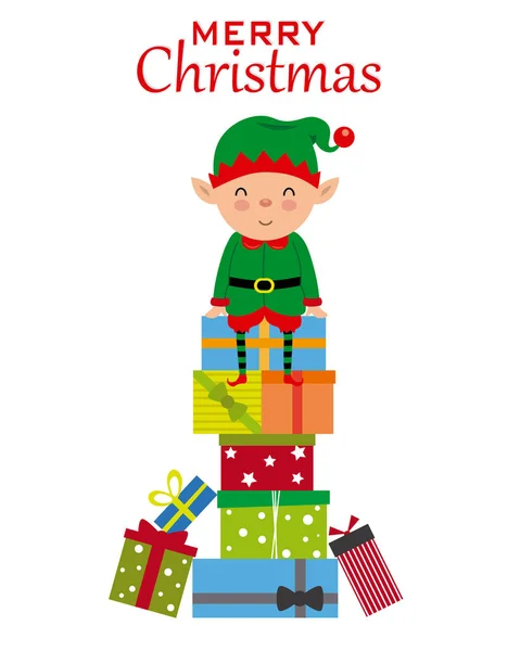Cartolina Natale Elfo Seduto Sopra Regali — Vettoriale Stock