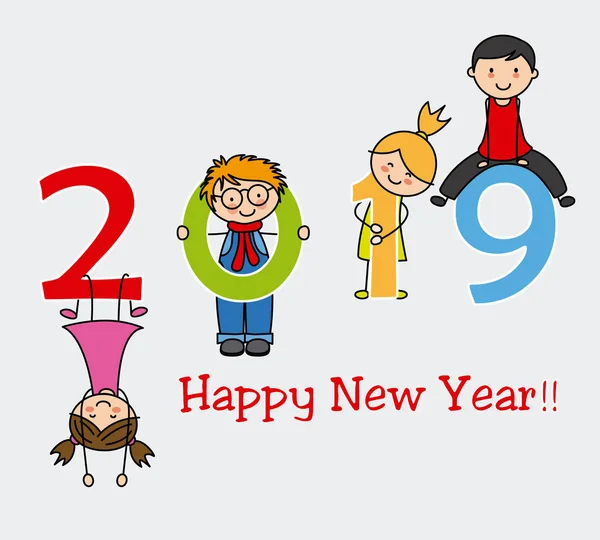 Mutlu Yeni Yıl 2019 Sayı Ile Oynayan Çocuklar — Stok Vektör