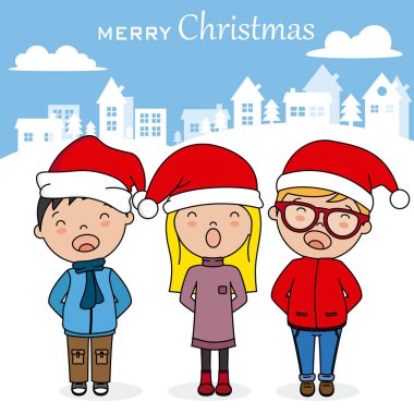 Çocuklar Noel Baba şapkası ile Noel şarkıları
