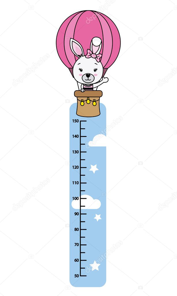 child wall meter. Cute rabbit in hot air balloon