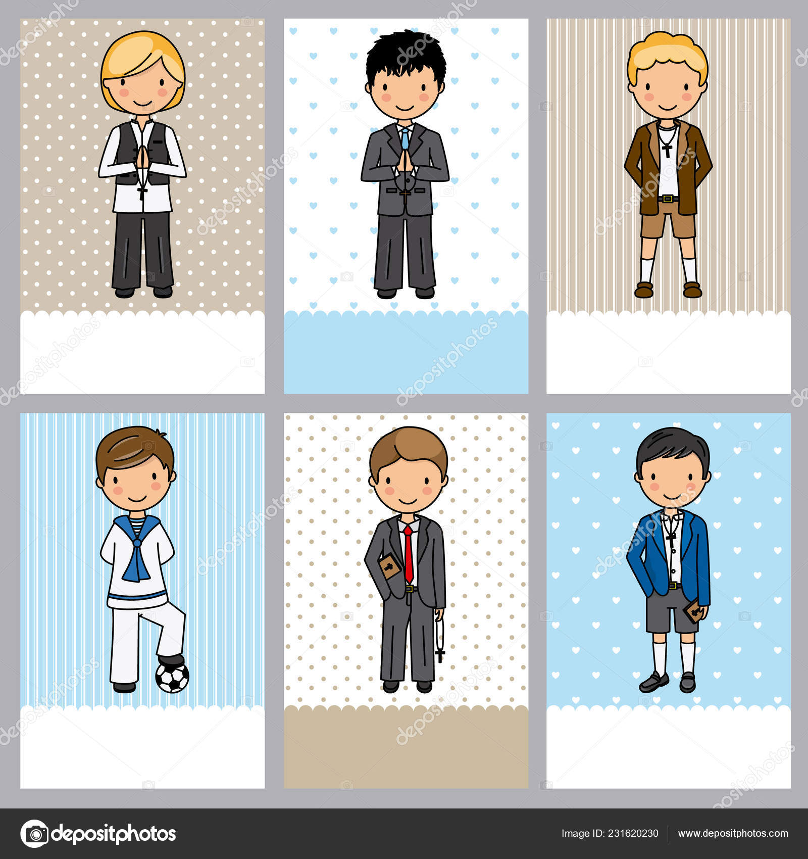 Conjunto Cartões Primeira Comunhão Menino Vetor de ©sbego 231620230, image size:1600x1700