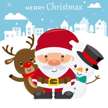 Komik Noel kartı Santa Claus, Ren geyiği ve kardan adam.