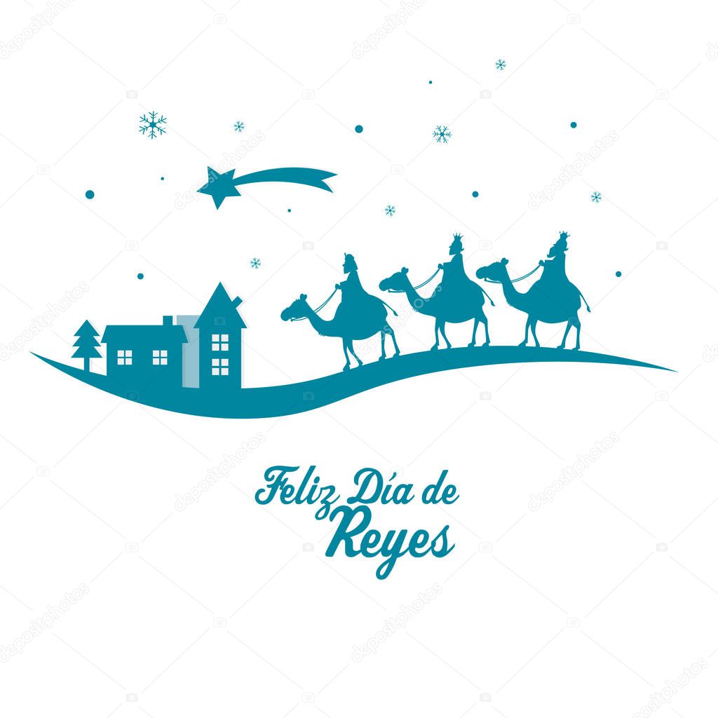 Card of the three wise men. Happy day of kings written in Spanish