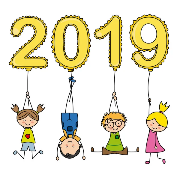 Feliz Ano Novo 2019 Crianças Brincando Com Balões Número — Vetor de Stock
