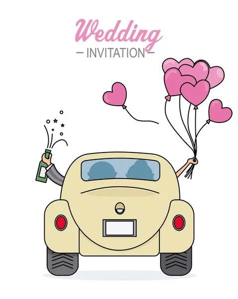 Wedding Card Newlyweds Car Balloons Hearts Bottle Champagne — Stock Vector