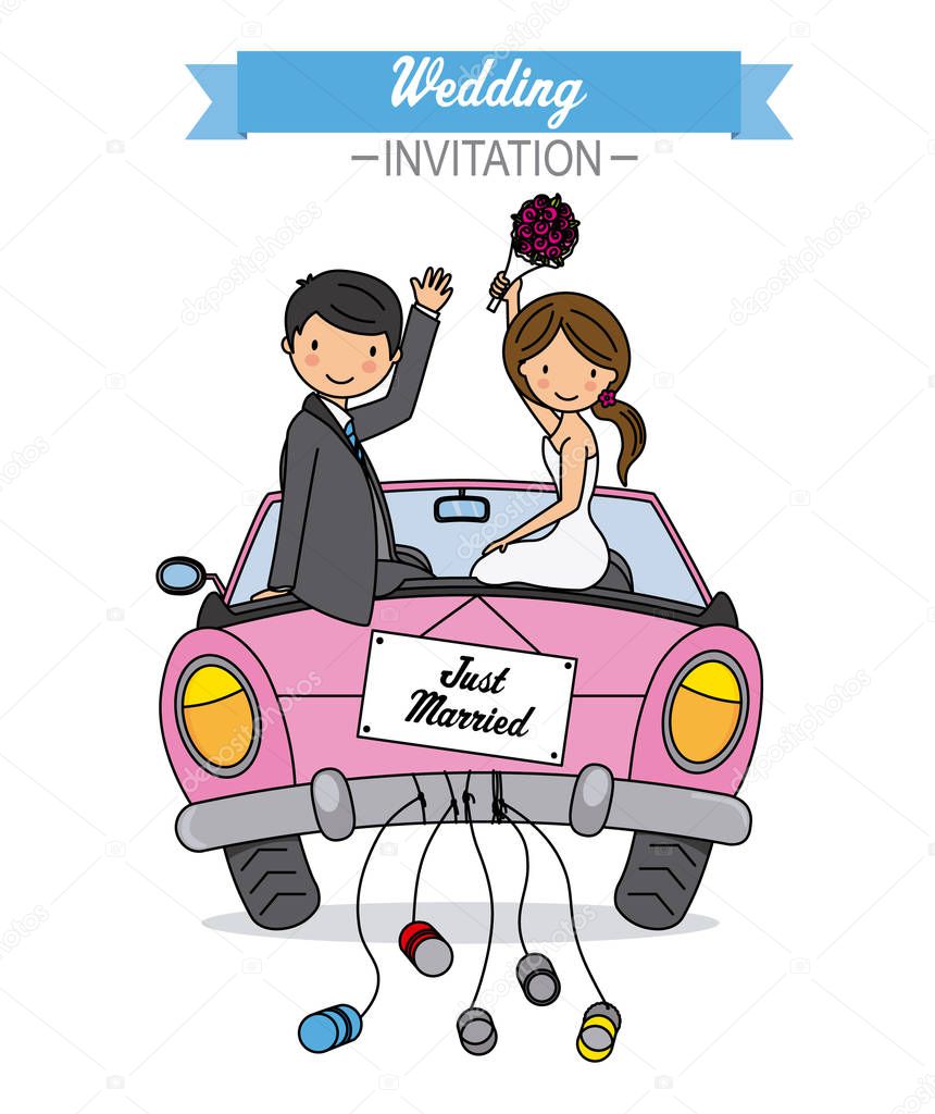 wedding card. Newlyweds go by car.