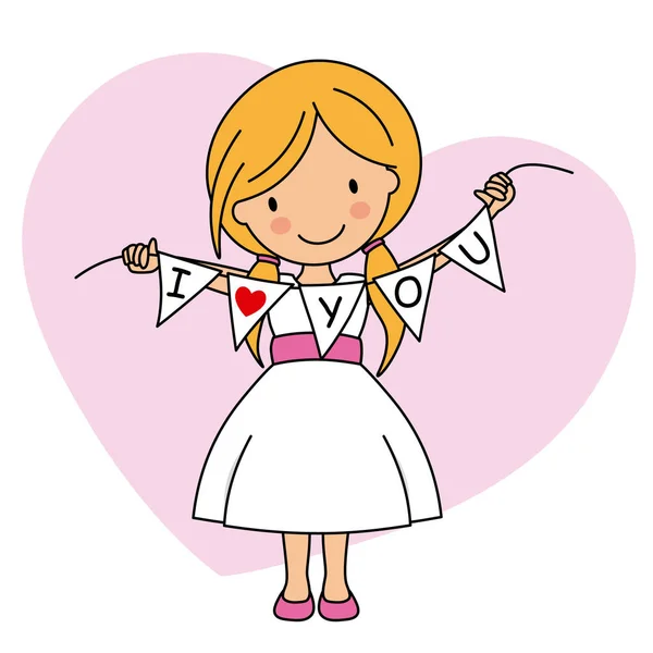 Любовная Карта Счастливая Девушка Маленькими Флагами Написанными Люблю Тебя — стоковый вектор