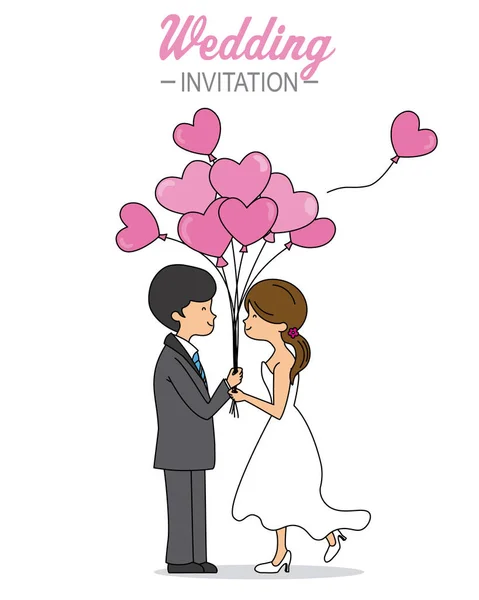Hochzeitskarte Frischvermählte Mit Herzförmigen Luftballons — Stockvektor