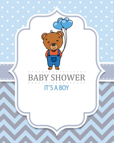 Baby Boy Shower Kártya Aranyos Medve Szív Alakú Lufi Hely — Stock Vector