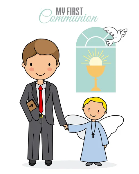Mon Premier Garçon Communion Enfant Tenant Main Avec Petit Ange — Image vectorielle