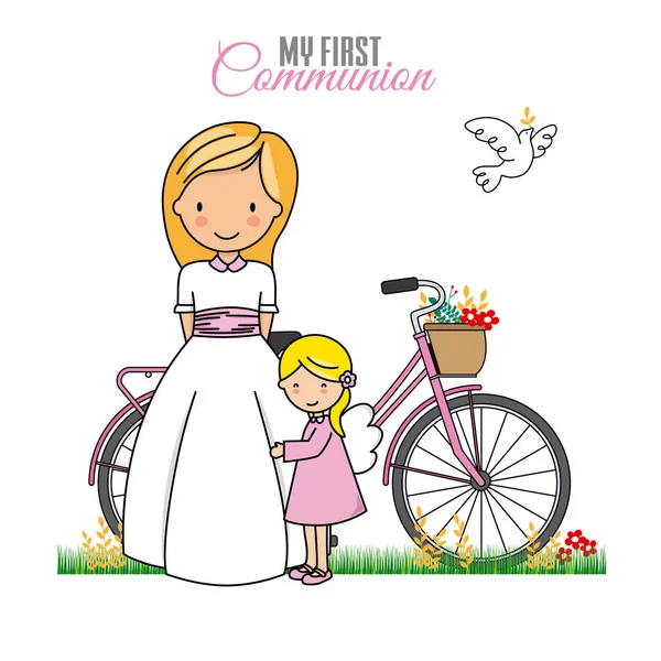 Primera Chica Comunión Niña Angelido Junto Una Bicicleta — Vector de stock