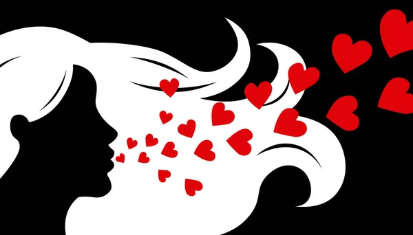Κάρτα Αγάπης Σιλουέτα Πρόσωπο Γυναίκας Φυσώντας Καρδιές — Διανυσματικό Αρχείο