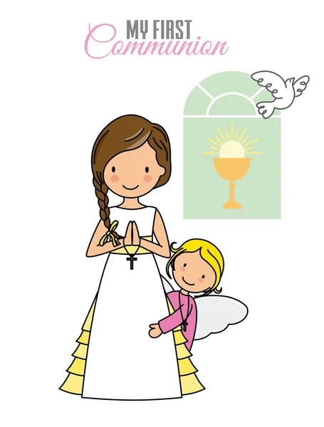 First Communion Girl Angel Church — Stock Vector