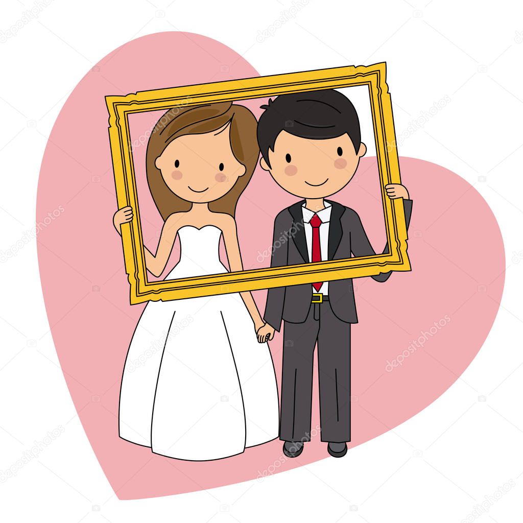 wedding card. Wedding couple with a photocall frame
