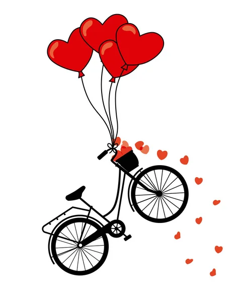 Gran Tarjeta Para Día San Valentín Bicicleta Volando Con Globos — Vector de stock