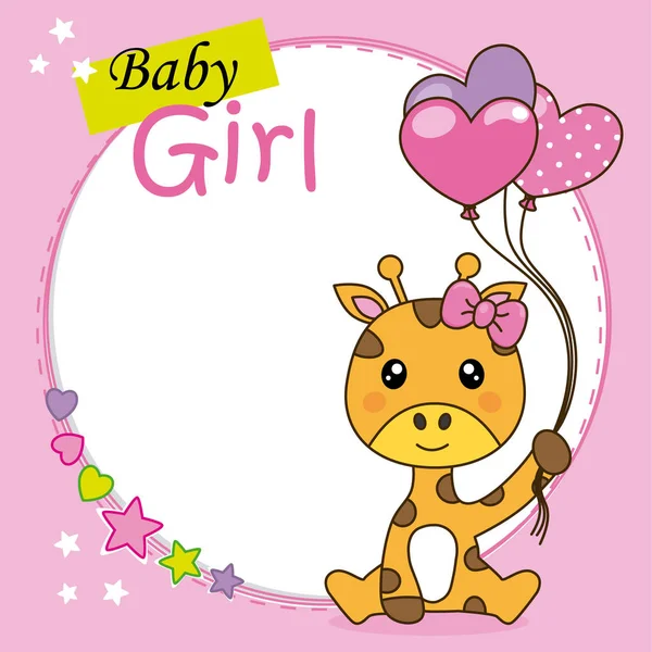 Baby Girl Shower Card Cute Giraffe Balloons Space Text — Stock Vector