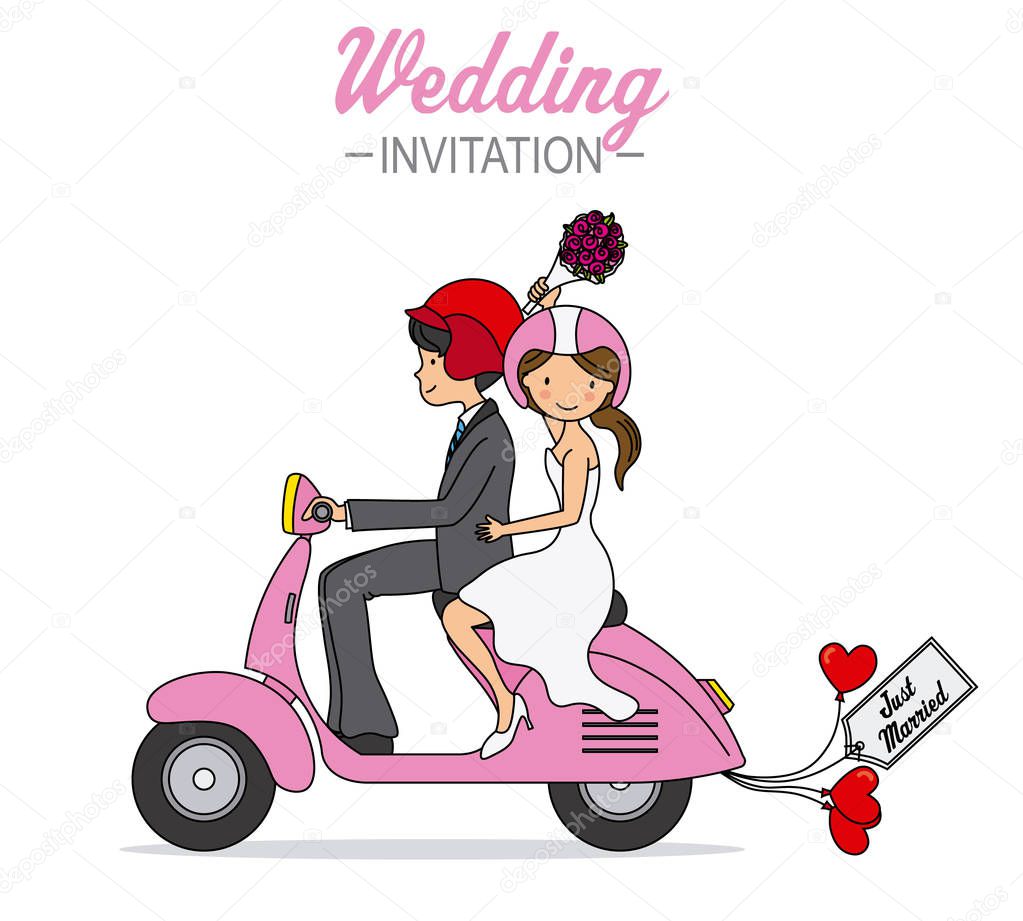 wedding card. Newlyweds on a motorcycle