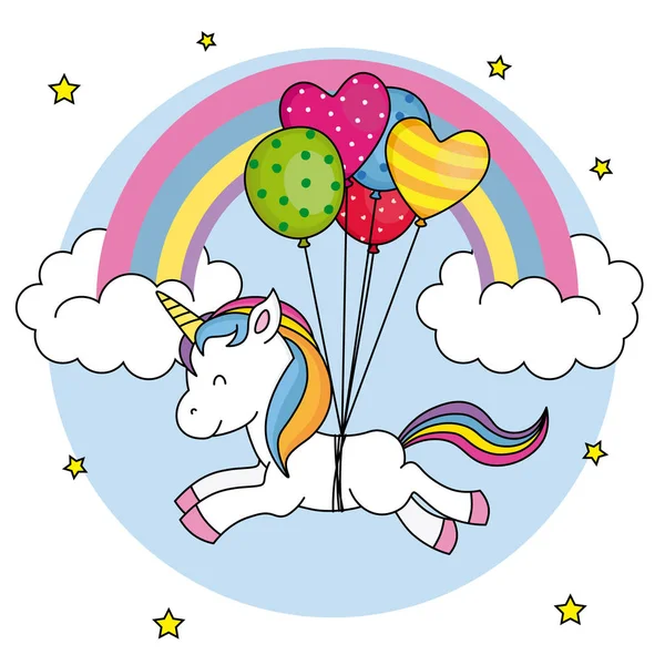Cute Unicorn Flying Balloons Rainbow Background — Stock Vector