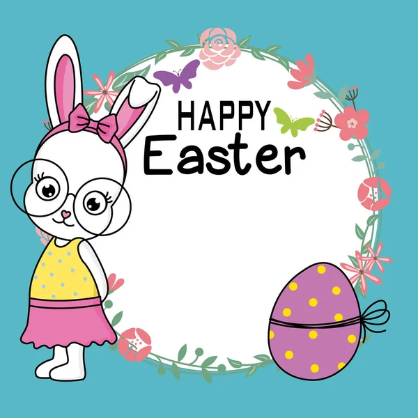 快乐的复活节卡 带花框的嬉皮士兔 — 图库矢量图片