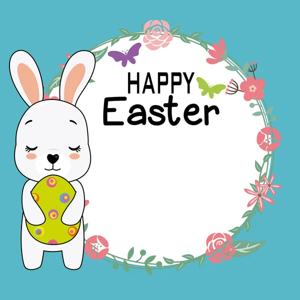 Счастливой Пасхальной Открытки Кролик Цветочной Рамкой — стоковый вектор