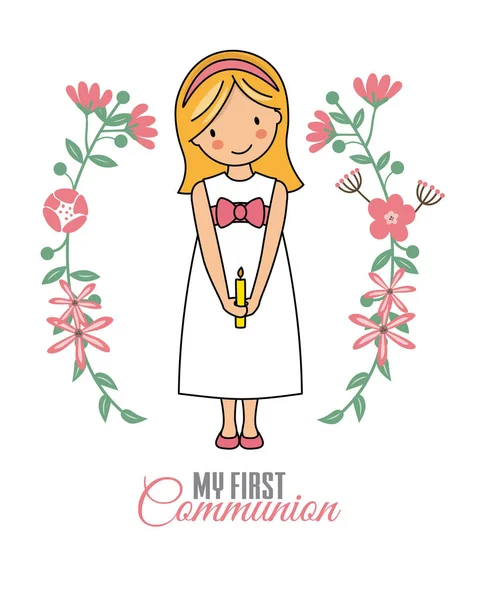 Girl Communion Card Child Flower Frame — Stock Vector