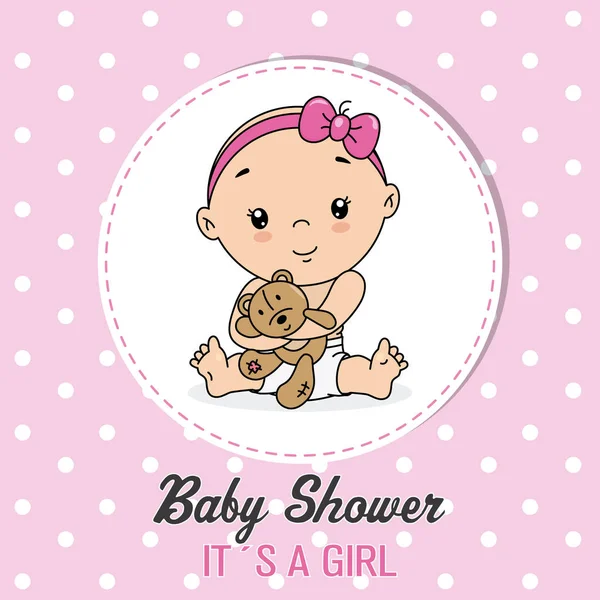 Babyduschkarte Kleines Mädchen Mit Einem Bären — Stockvektor