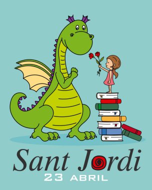 Sant Jordi. Catalonia geleneksel kutlama. Kız bir gül bir ejderha sunar.