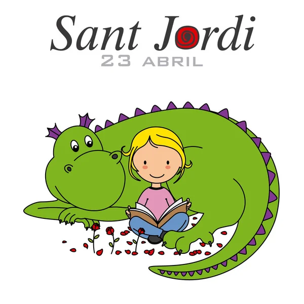 Sant Jordi Catalonia Traditional Celebration Girl Dragon Reading Book — Stock Vector