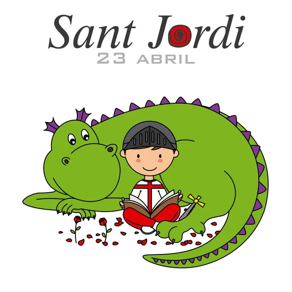 Sant Jordi Tradiční Oslava Katalánsko Chlapec Drak Čte Knihu — Stockový vektor