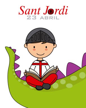 Sant Jordi. Catalonia geleneksel kutlama. Çocuk ve bir kitap okuma dragon