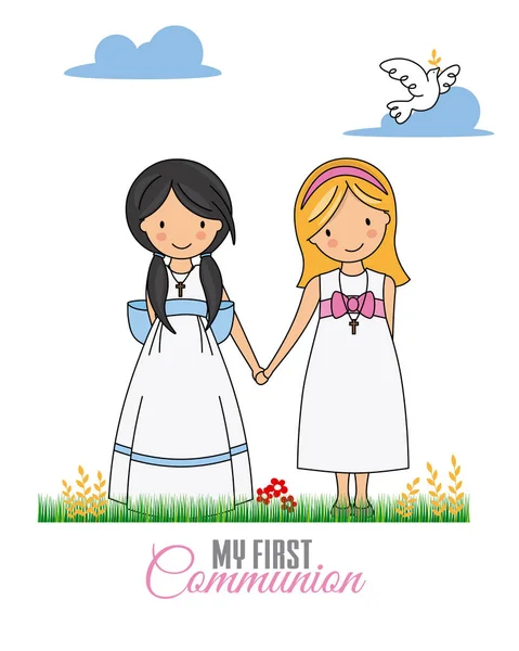 First Communion Card Two Girls Dressed Communion — Stock Vector