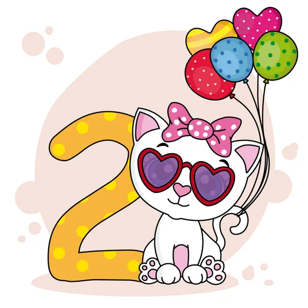 Lindo Gato Con Número Dos Tarjeta Fiesta Cumpleaños — Vector de stock
