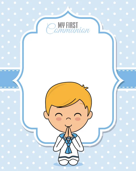 First Communion Card Praying Boy Space Text — Stock Vector