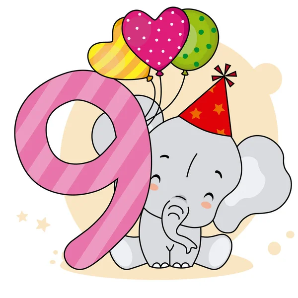 Niedlichen Elefanten Mit Der Zahl Sieben Geburtstagskarte — Stockvektor